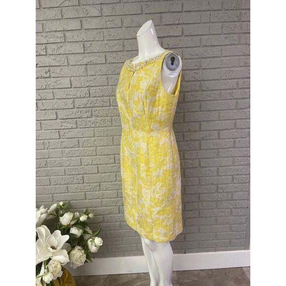 Tahari ASL Yellow White Floral Faux Pearl & Gold Sequin Sheath Dress Size 8 - Picture 4 of 11